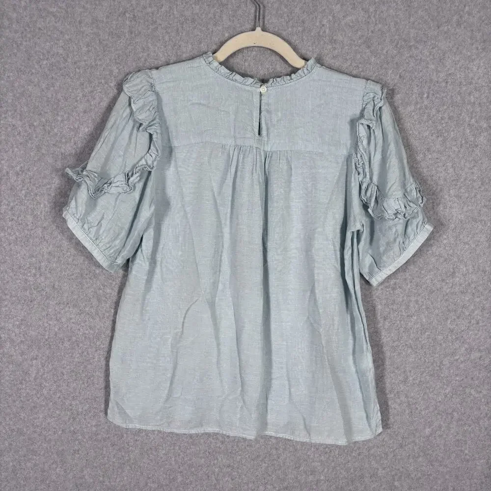 LOFT Ruffle Blouse Medium Baby Blue Linen Puff Feminine‎ Cottage Coquette Dainty